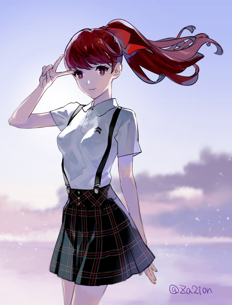 1girl, breasts, closed_mouth, clouds, collared_shirt, commentary, floating_hair, hair_ribbon