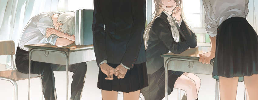 1boy, 3girls, arm_pillow, arm_support, arms_behind_back, black_legwear, black_pants, black_skirt, blazer, book, bow, bowtie, bracelet, chair, classroom, collared_shirt, commentary, crossed_arms, curtains, day, desk, elbow_rest, grey_bow, grey_bowtie, head_out_of_frame, highres, indoors, jacket, jewelry, kneehighs, leaning_forward, legs_apart, long_hair, long_sleeves, miniskirt, multiple_girls, original, own_hands_together, pants, pleated_skirt, quxiaochong, school_chair, school_desk, shirt, short_hair, sitting, skirt, sleeping, sleeves_pushed_up, sleeves_rolled_up, smile, standing, talking, white_hair, white_shirt, window