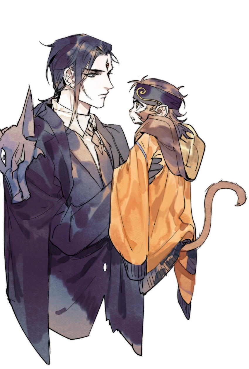 21st_century_journey_to_the_west, 2boys, armor, black_hair, brown_hair, carrying, child_carry, closed_mouth