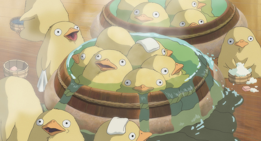 bucket, ghibli, sen_to_chihiro_no_kamikakushi, steam, towels, water