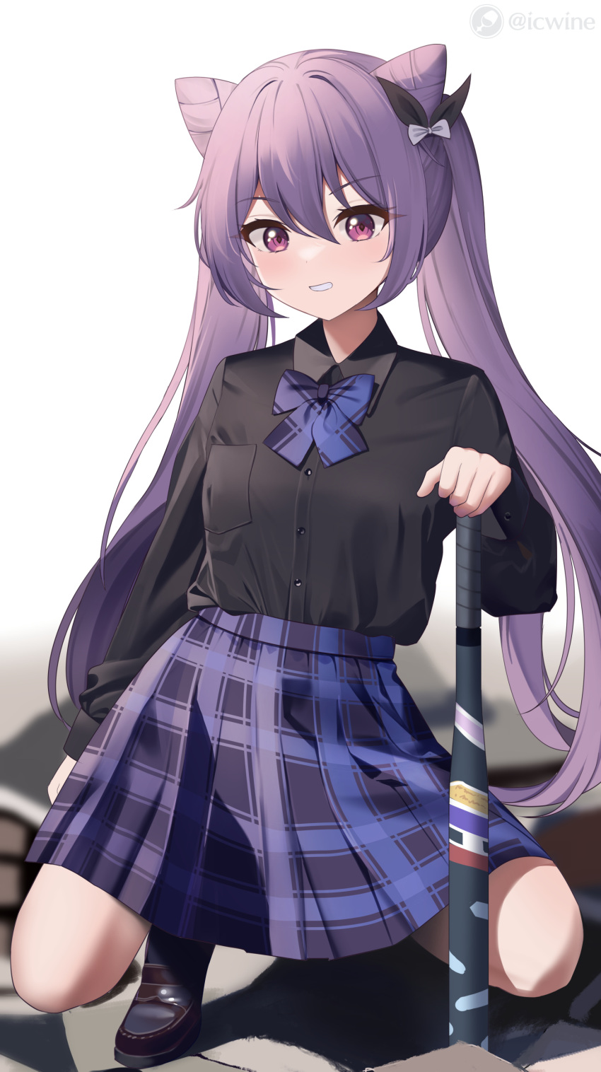 1girl, absurdres, alternate_costume, baseball_bat, black_footwear, black_shirt, blurry, blurry_background