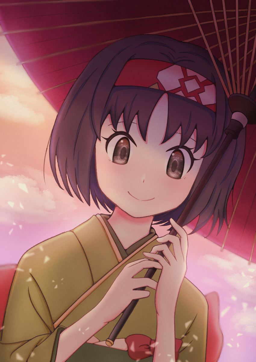 1girl, absurdres, bangs, black_eyes, black_hair, erika_(pokemon), green_kimono, hairband