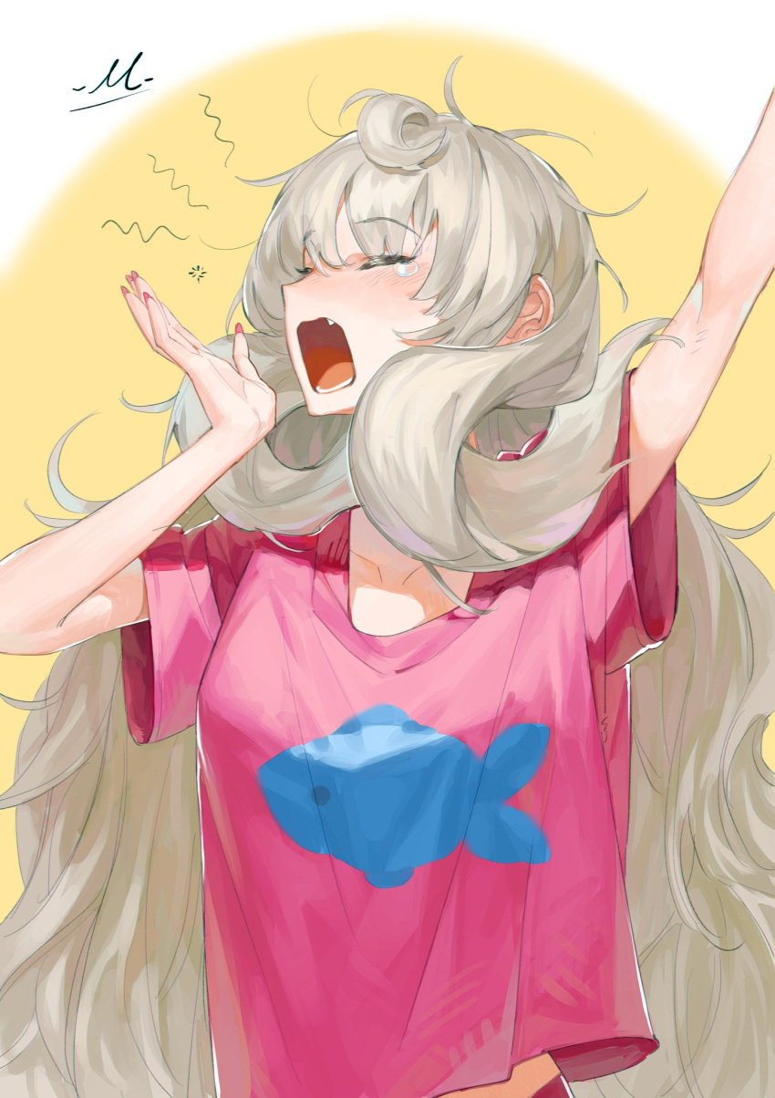 1girl, absurdly_long_hair, ahoge, animal_print, arm_up, blush, collarbone, fang