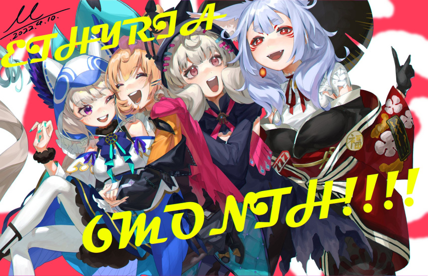 1other, 4girls, absurdly_long_hair, ahoge, animal_ears, aqua_nails, bangs, bell