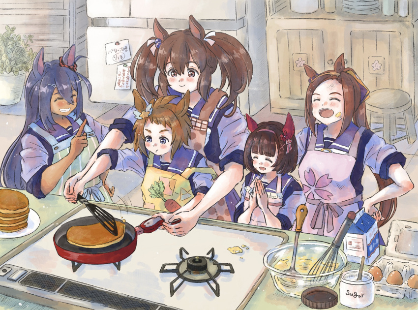 5girls, :d, ^_^, ^o^, absurdres, animal_ears, apron, bangs