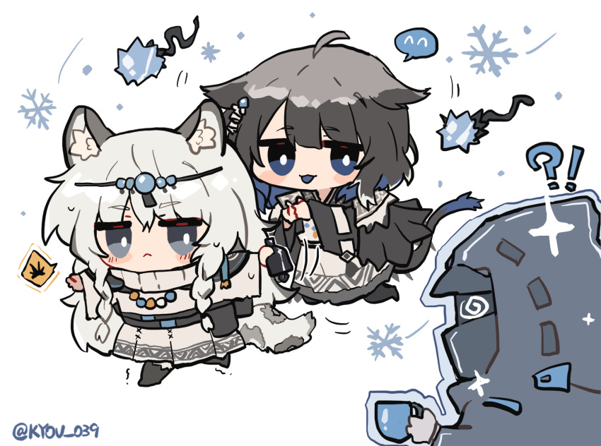 1other, 2girls, :<, @_@, ahoge, ambiguous_gender, animal_ears, arknights