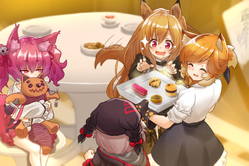 4girls, animal_ears, arknights, baklava, bangs, black_jacket, black_skirt, brown_hair