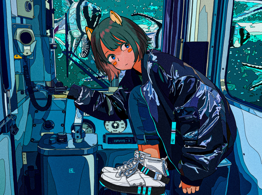 1girl, animal_ears, black_hair, blue_eyes, blue_jacket, blush_stickers, colored_inner_hair, fish
