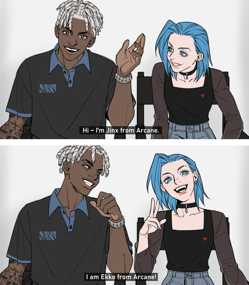 alternate_costume, arcane:_league_of_legends, arcane_jinx, arm_tattoo, bangs, black_choker, black_shirt, blue_eyes