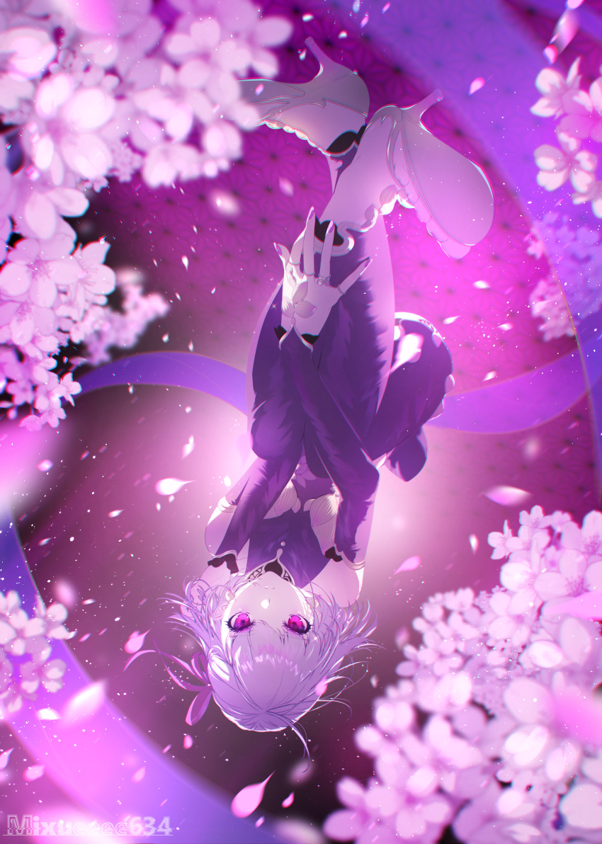 1girl, absurdres, bob_cut, cherry_blossoms, chromatic_aberration, detached_sleeves, earrings, fate/grand_order, fate_(series), flying, hair_ribbon, high_heels, highres, jewelry, kama_(fate), kama_(first_ascension)_(fate), nail_polish, petals, purple_theme, ribbon, ring, sumi_(u-kar1n-89m0), thigh-highs, upside-down, violet_eyes, watermark, wind
