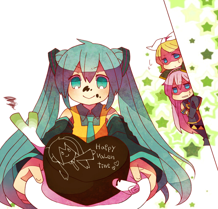 3girls, :>, apron, armband, bad_food, bangs, belt, blonde_hair