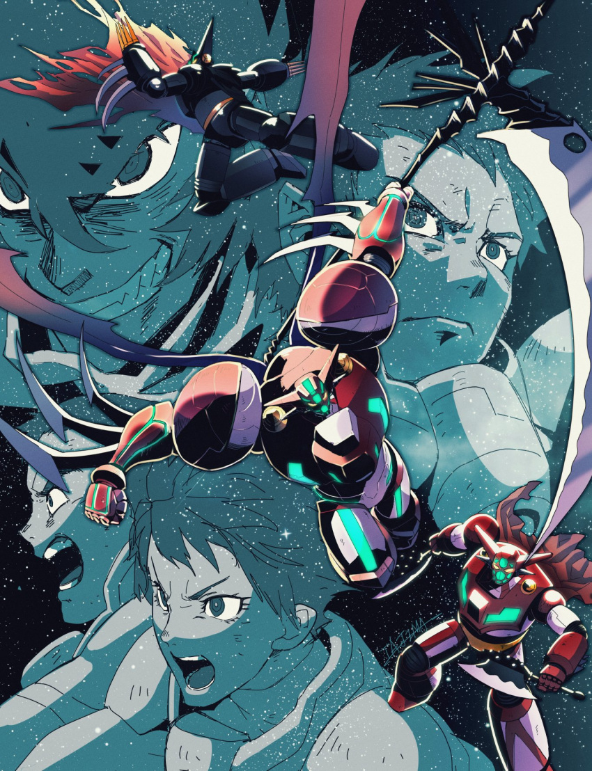 1girl, 3boys, axe, black_getter, cape, cut-in, daidou_gai, dual_wielding, getter-1, getter_robo, gou_saotome, grin, highres, holding, holding_weapon, kei_kuruma, mecha, multiple_boys, nagare_ryoma, robot, scythe, shin_getter-1, shin_getter_robo, smile, space, spiked_knuckles, super_robot, tajima_0109, torn_cape, torn_clothes, weapon, wings