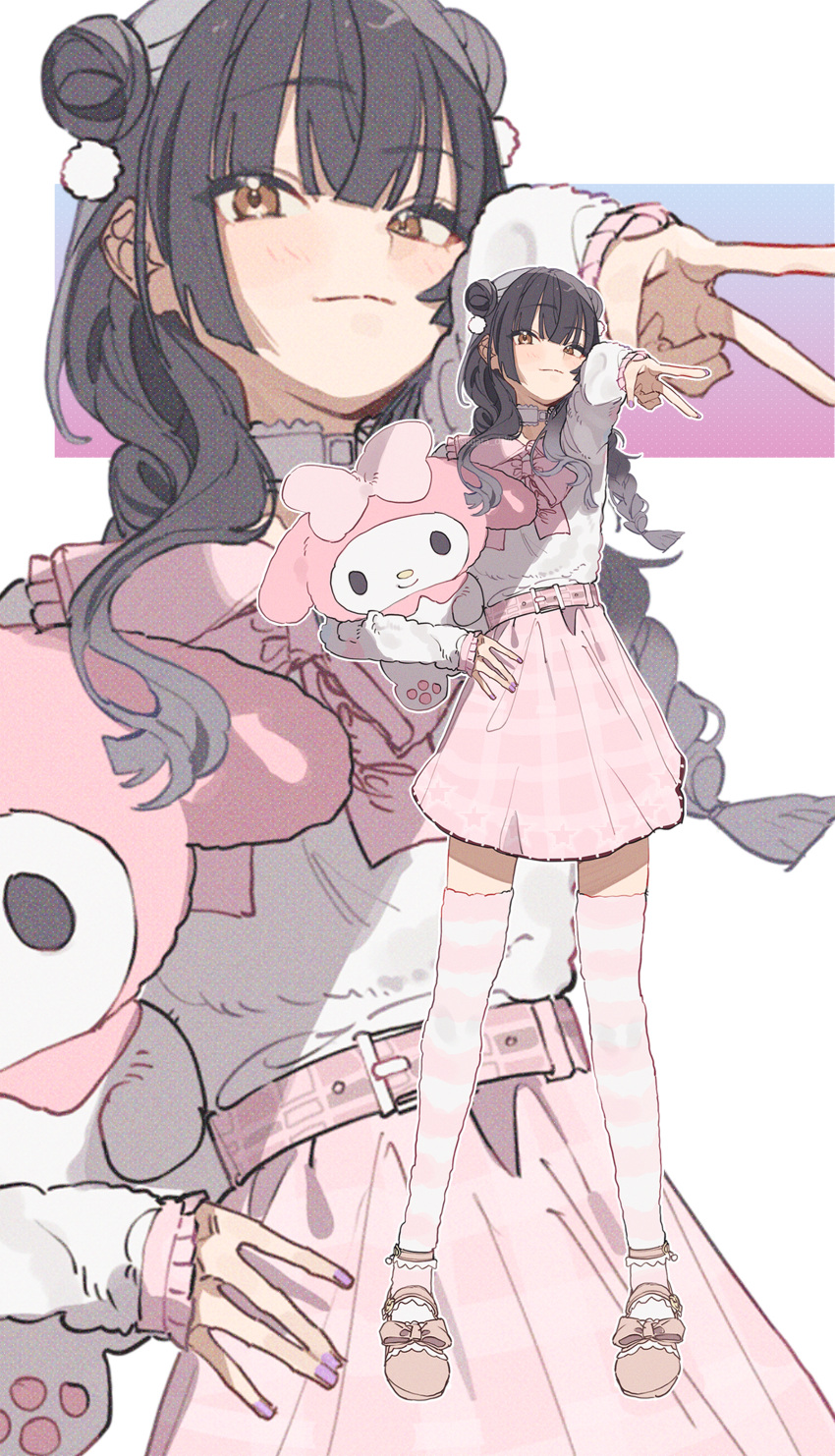 1girl, absurdres, bangs, black_hair, blunt_bangs, blush, braid, doll_hug, double_bun, doyagao, full_body, fur-trimmed_shirt, fur_trim, hair_bun, high-waist_skirt, highres, idolmaster, idolmaster_shiny_colors, looking_at_viewer, mayuzumi_fuyuko, my_melody, nail_polish, object_hug, onegai_my_melody, pink_skirt, plaid, plaid_skirt, shirt, simple_background, skirt, smug, solo, striped, striped_legwear, sugata_dski, thigh-highs, twin_braids, v, zettai_ryouiki, zoom_layer