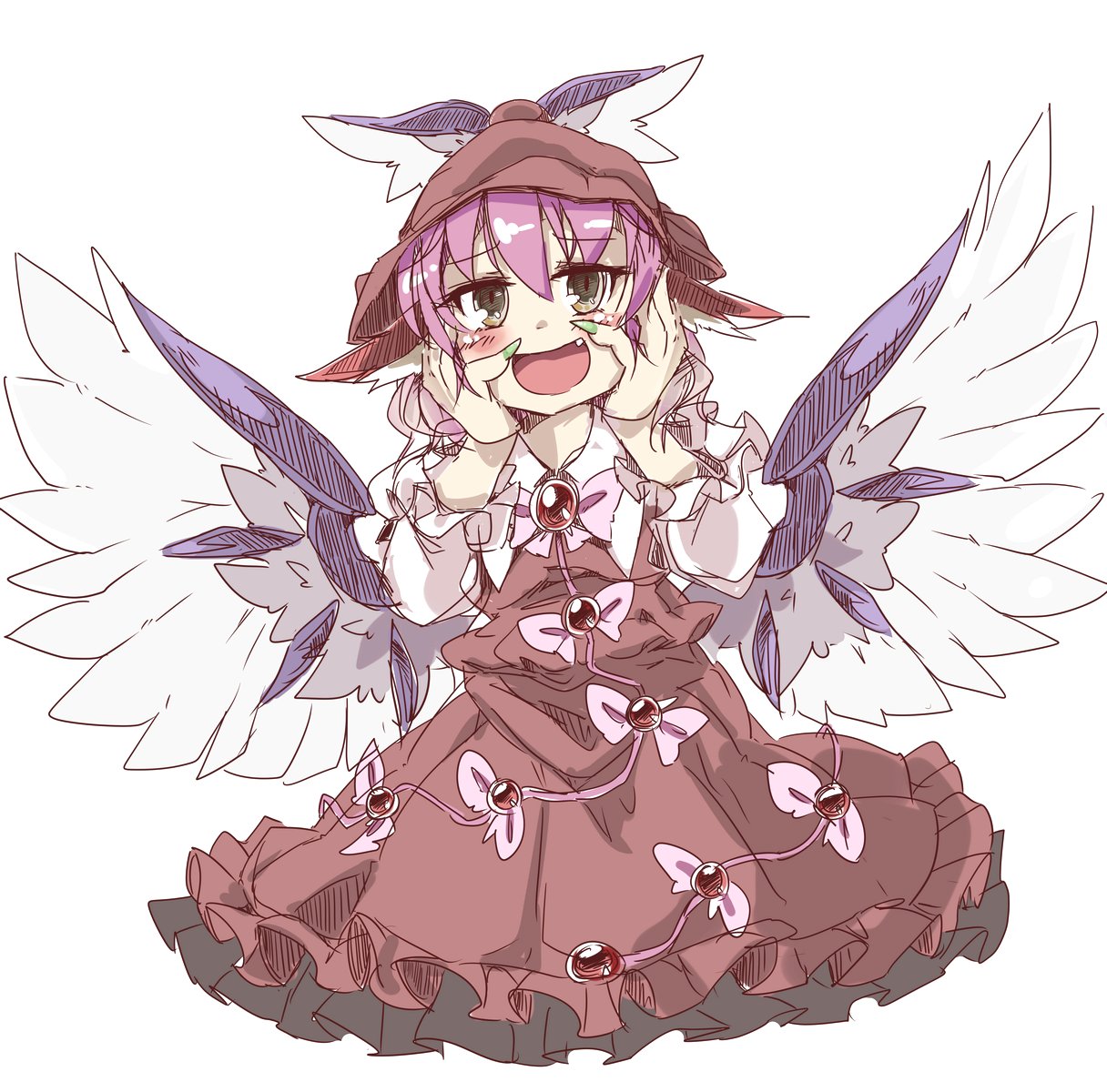 1girl, animal_ears, bird_ears, bird_wings, blush, brown_dress, brown_headwear, cue_(lindwrum)