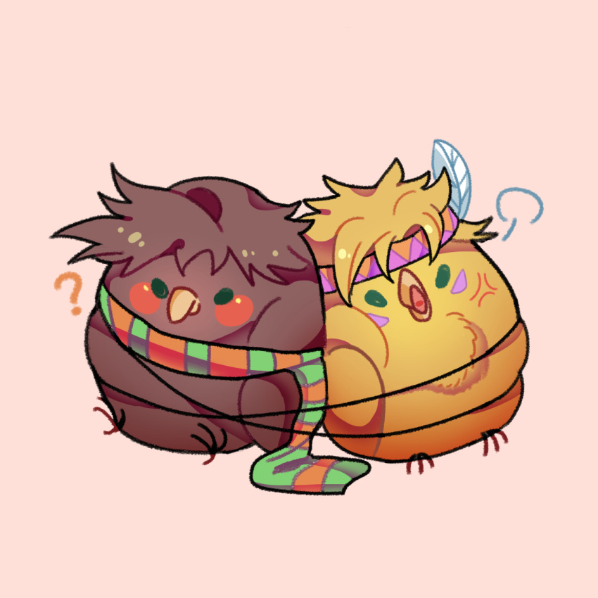 2boys, ?, anger_vein, animalization, battle_tendency, bird, blush_stickers, bound