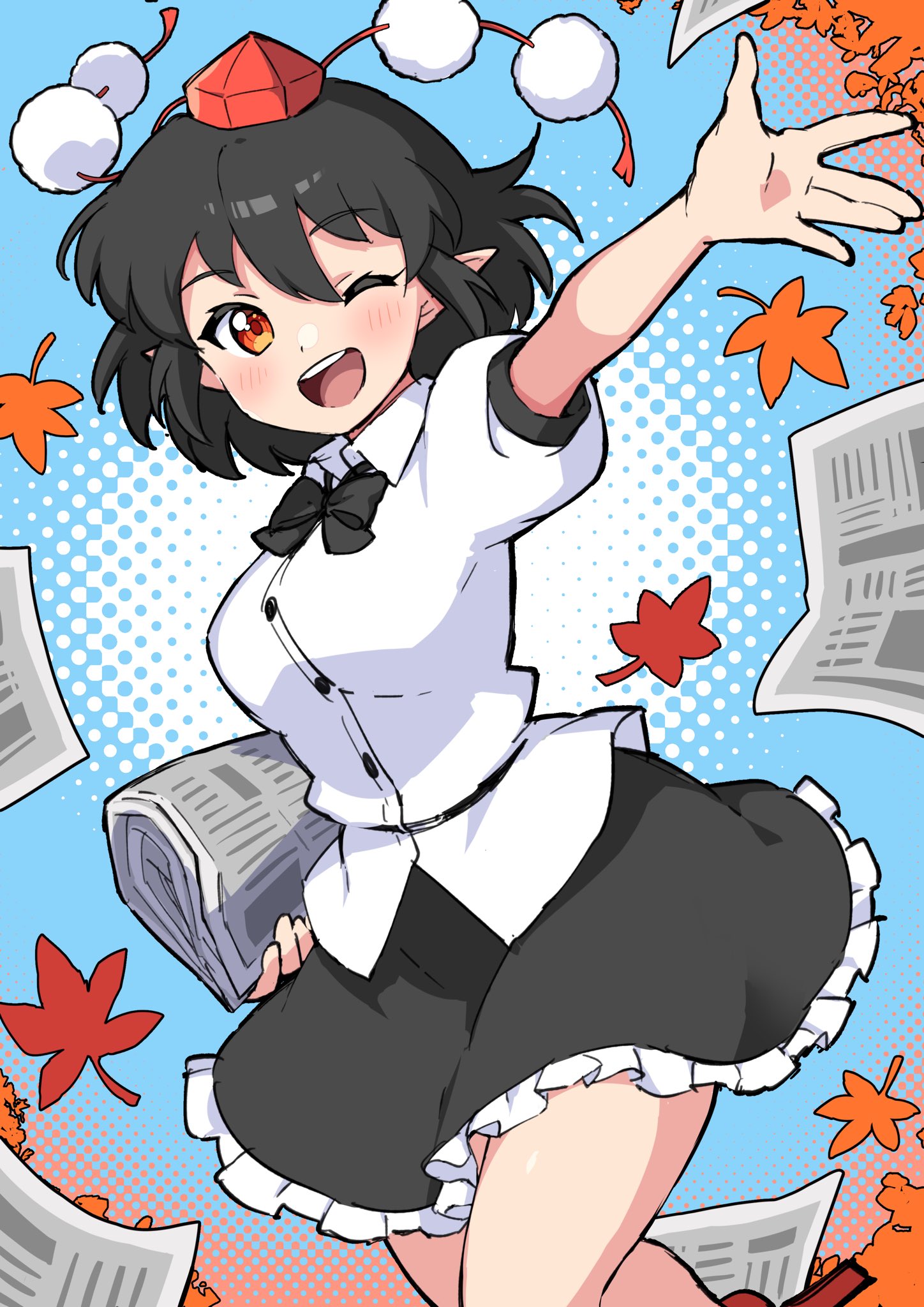1girl, ;d, bangs, black_bow, black_bowtie, black_hair, black_skirt, bow