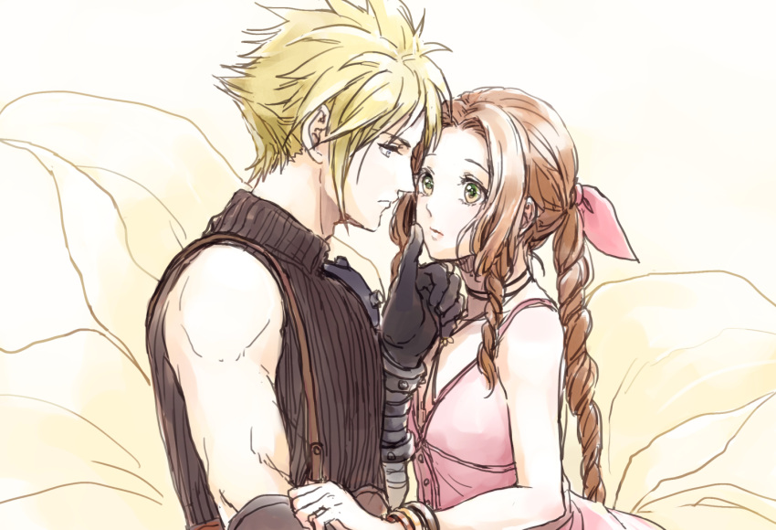 1boy, 1girl, aerith_gainsborough, ancotsubu, armor, bangs, blonde_hair, braid