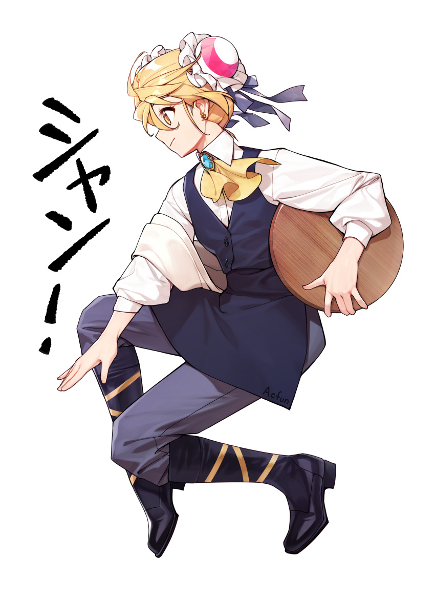 absurdres, acfun, acfun_girl, apron, black_footwear, blonde_hair, blue_apron, blue_bow