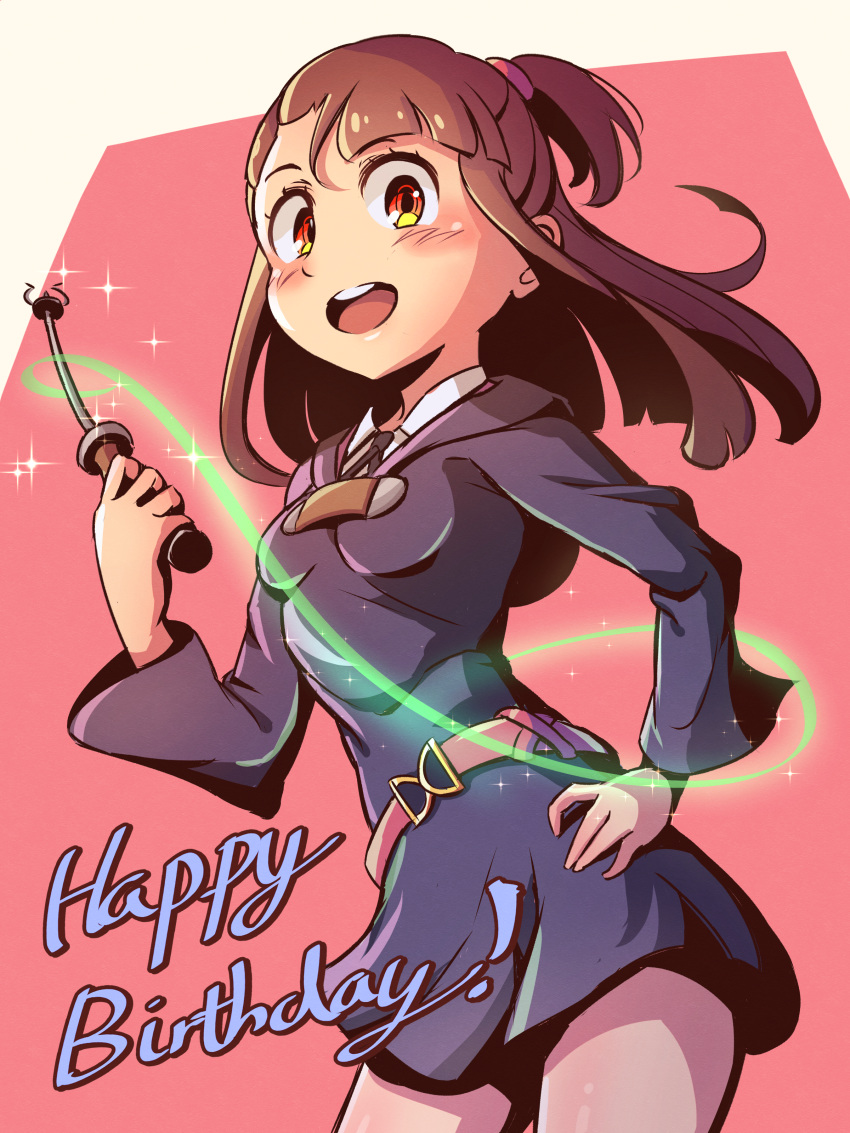1girl, absurdres, bangs, blue_dress, blunt_bangs, breasts, brown_hair, commentary_request