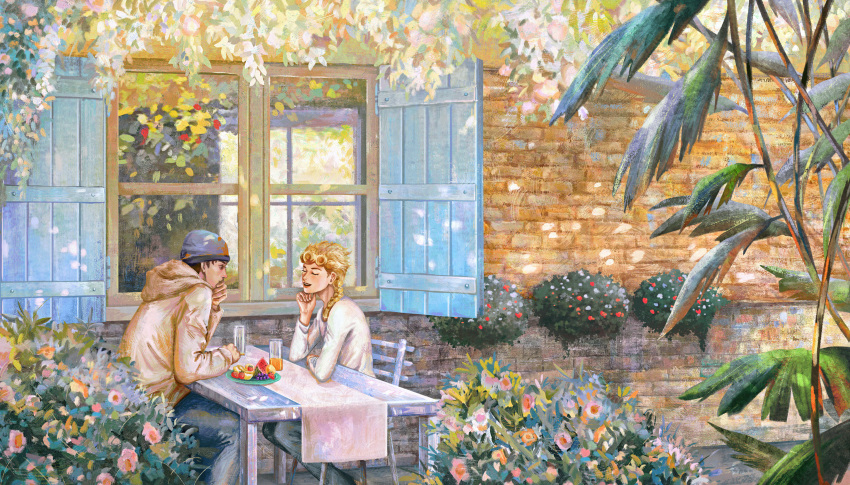 2boys, absurdres, arm_on_table, bangs, blonde_hair, brick_wall, brown_hair, bush