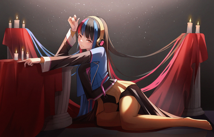 1girl, absurdres, aweiwei1998, bangs, black_hair, black_shirt, black_shorts, blue_hair, blue_jacket, candle, closed_mouth, hairband, harusaruhi, headphones, highres, indoors, jacket, kamitsubaki_studio, layered_sleeves, legwear_under_shorts, long_hair, long_sleeves, multicolored_hair, open_clothes, open_jacket, orange_eyes, pantyhose, redhead, shirt, short_over_long_sleeves, short_shorts, short_sleeves, shorts, sitting, solo, very_long_hair, virtual_youtuber, waist_cape, yellow_hairband, yellow_legwear