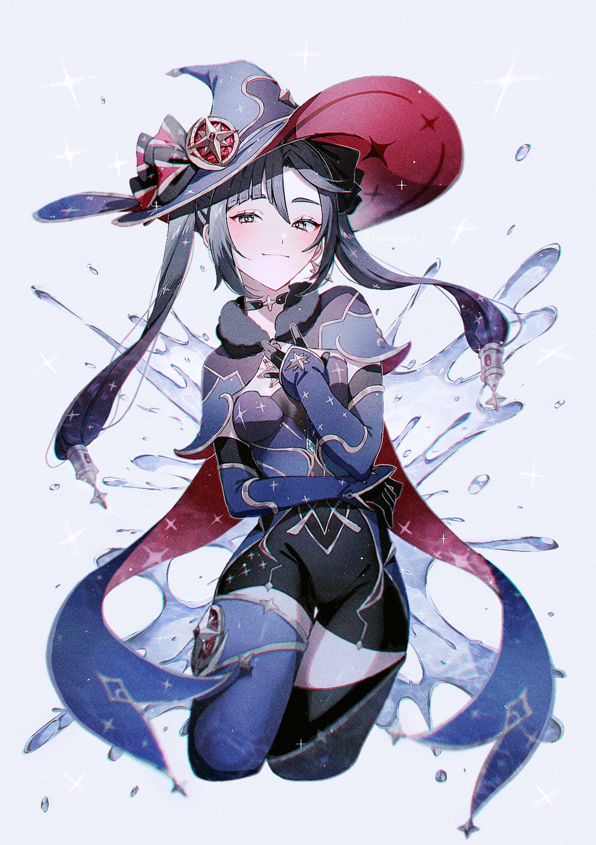 1girl, adapted_costume, asymmetrical_bangs, bangs, black_bow, black_gloves, black_hair, black_ribbon