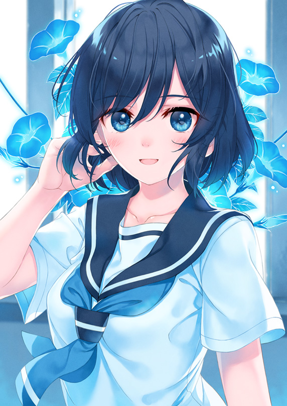 adjusting_hair, amamiya_chiharu, black_hair, blue_eyes, collarbone, flower, hand_in_own_hair, indoors