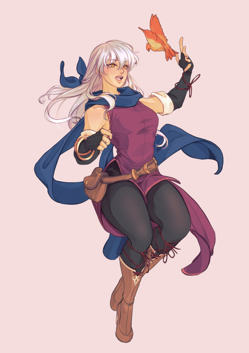 1girl, bangs, bare_shoulders, belt, bird, black_gloves, black_legwear, blue_scarf, boots, bracelet, commission, curvy, dress, elbow_gloves, fingerless_gloves, fire_emblem, fire_emblem:_radiant_dawn, gloves, grey_hair, hair_ribbon, half_updo, highres, iaurencin, jewelry, leggings, long_hair, micaiah_(fire_emblem), open_mouth, pantyhose, pink_background, ribbon, scarf, side_slit, simple_background, sleeveless, sleeveless_dress, solo, thick_thighs, thighs, yellow_eyes, yune_(fire_emblem)