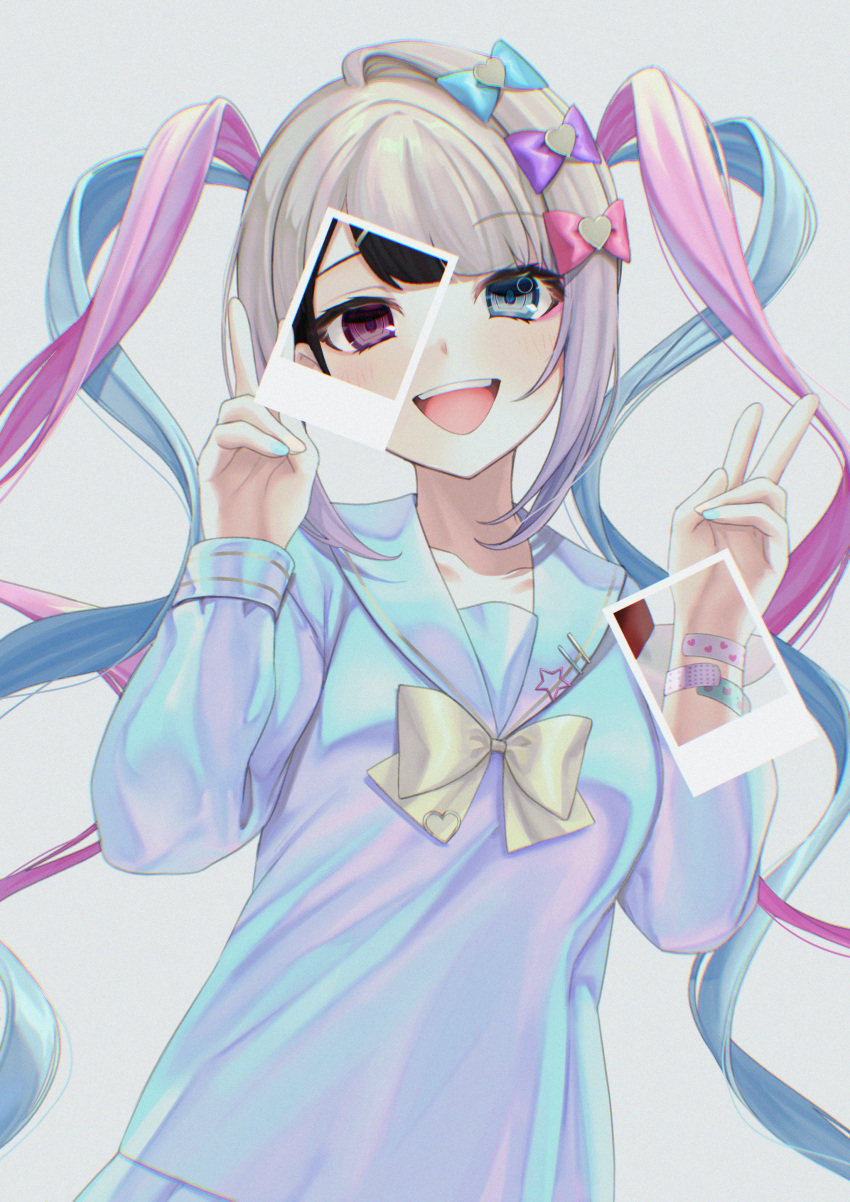 1girl, :d, absurdres, ame-chan_(needy_girl_overdose), bandaid, bandaid_on_arm, bangs, black_hair