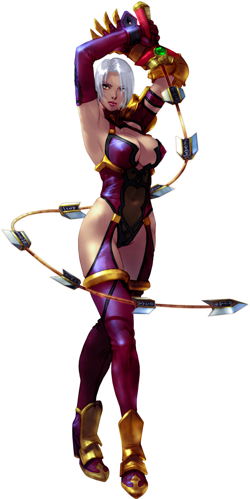 1girl, absurdres, arms_up, boots, breasts, cleavage, closed_mouth, elbow_gloves