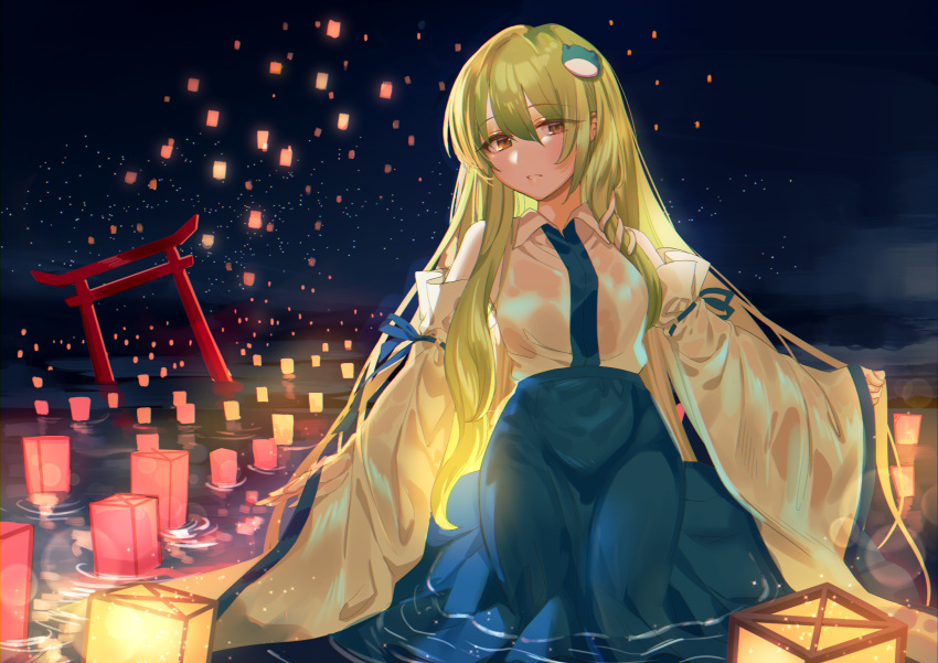 1girl, absurdres, alternate_eye_color, arm_ribbon, bangs, blue_skirt, blush, breasts