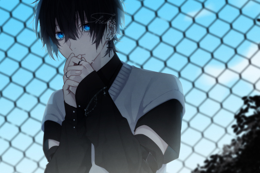 1boy, absurdres, arm_belt, artist_name, black_hair, blue_eyes, chain-link_fence, cross, cross_earrings, crying, crying_with_eyes_open, day, detached_sleeves, ear_piercing, earphones, earrings, fence, hands_up, highres, jewelry, kugusarasiki, looking_at_viewer, male_focus, original, outdoors, own_hands_together, piercing, ring, tears, upper_body