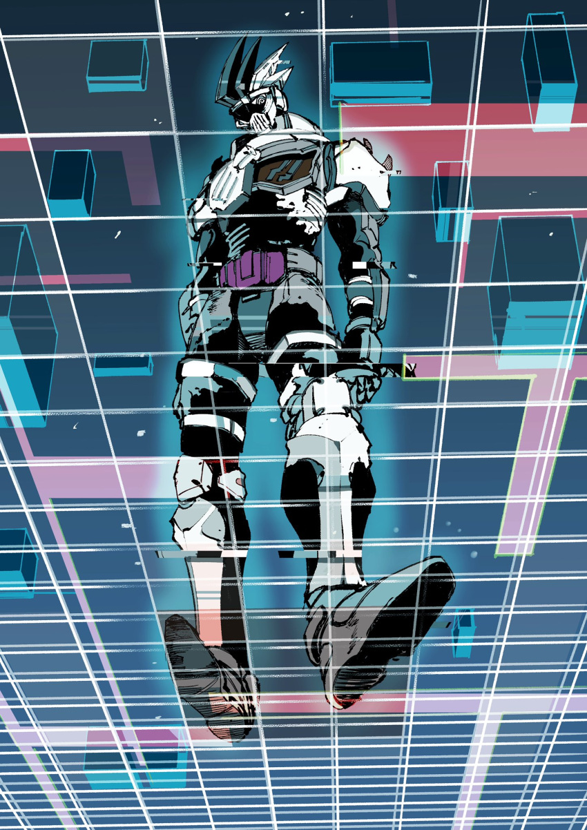 1boy, @_@, armor, belt, commentary, dangerous_zombie_level_x, from_below, helmet