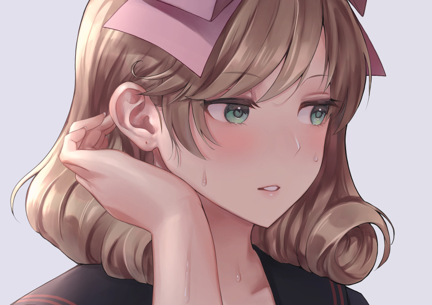 1girl, absurdres, bangs, black_sailor_collar, blonde_hair, blush, bow, commentary_request, curly_hair, fingernails, green_eyes, grey_background, hair_behind_ear, hair_bow, hair_tucking, hand_up, haruka_(senran_kagura), highres, lemonrou, looking_away, medium_hair, parted_lips, piercing_hole, pink_bow, portrait, sailor_collar, senran_kagura, simple_background, solo, sweat, swept_bangs
