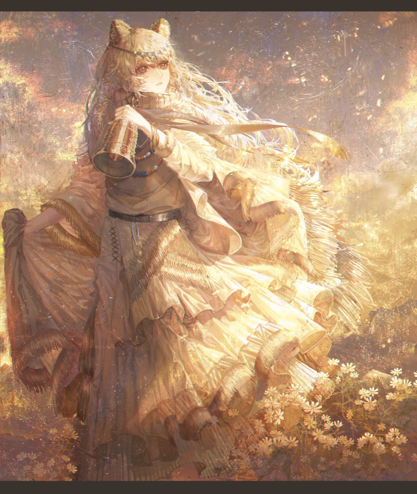 1girl, absurdres, animal_ears, arknights, bead_necklace, beads, bell, bracelet, cat_ears, cat_girl, disanfangfanyongxing, dress, feet_out_of_frame, flower, frilled_dress, frills, fur-trimmed_sleeves, fur_trim, grey_eyes, hairband, highres, holding, holding_bell, jewelry, layered_dress, layered_sleeves, letterboxed, long_hair, long_sleeves, looking_to_the_side, necklace, parted_lips, pramanix_(arknights), scarf, sidelighting, solo, standing, symbol-only_commentary, tassel, very_long_hair, white_dress, white_flower, white_hair, white_scarf, wide_sleeves