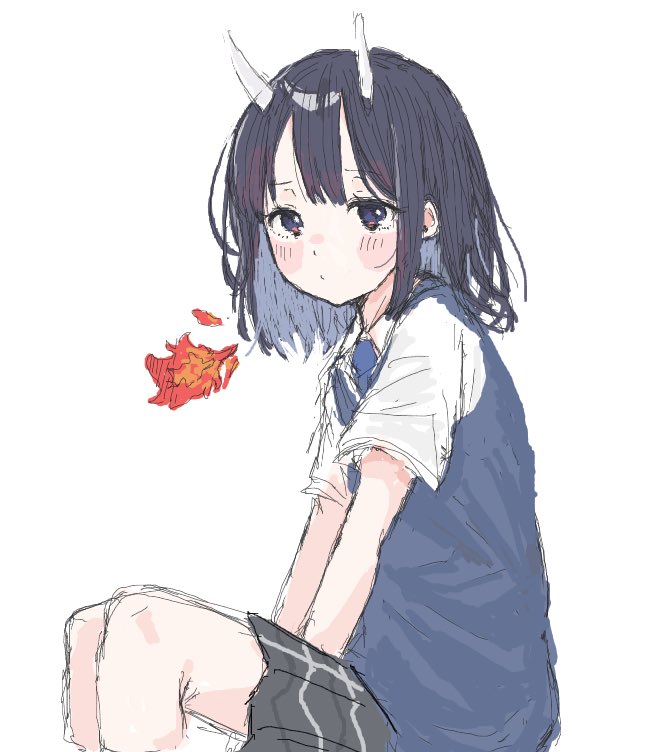 1girl, aoki_ruri, bangs, blue_eyes, blue_necktie, blush, breathing_fire, collared_shirt