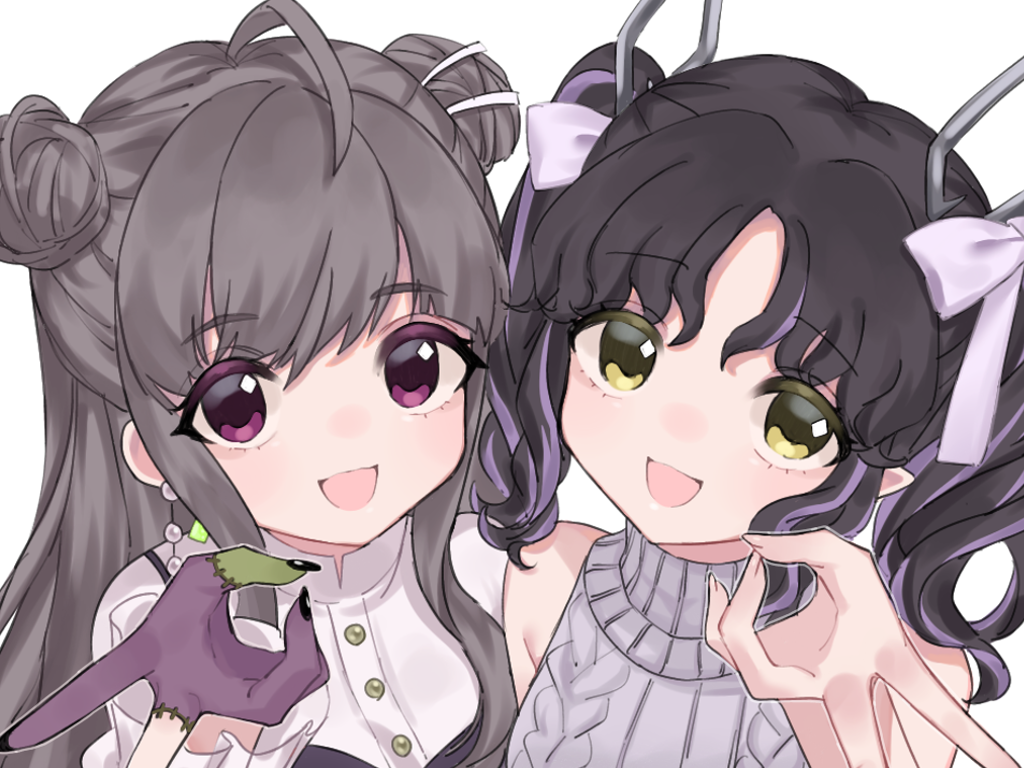 2girls, ahoge, aran_sweater, bangs, black_hair, black_nails, blush, brown_hair