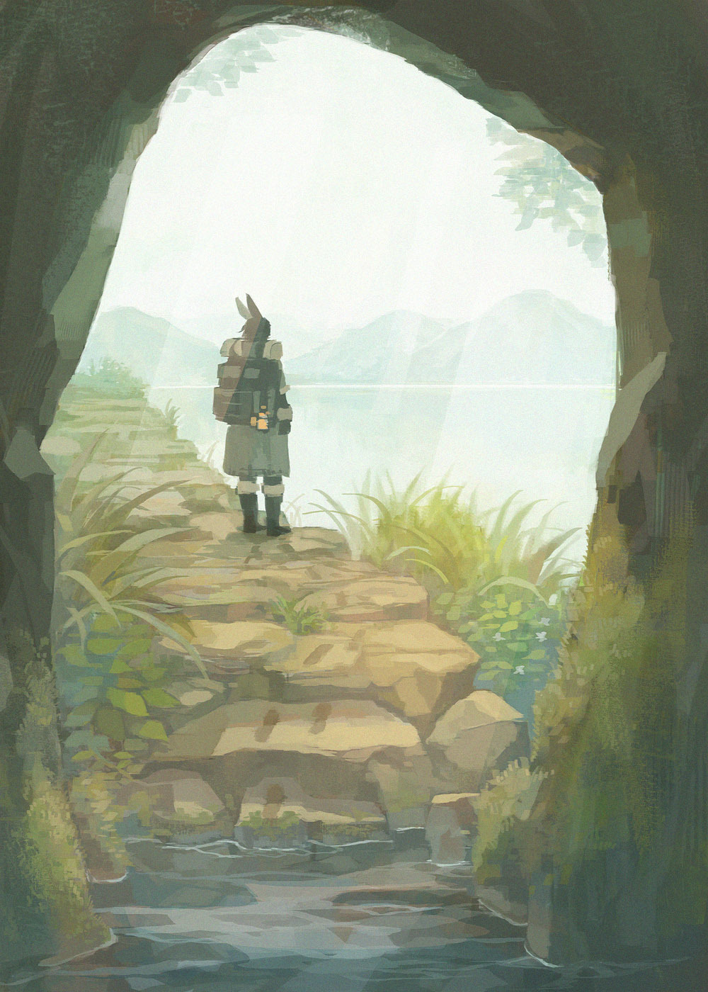 1boy, animal_ears, backpack, bag, black_footwear, black_hair, boots, day