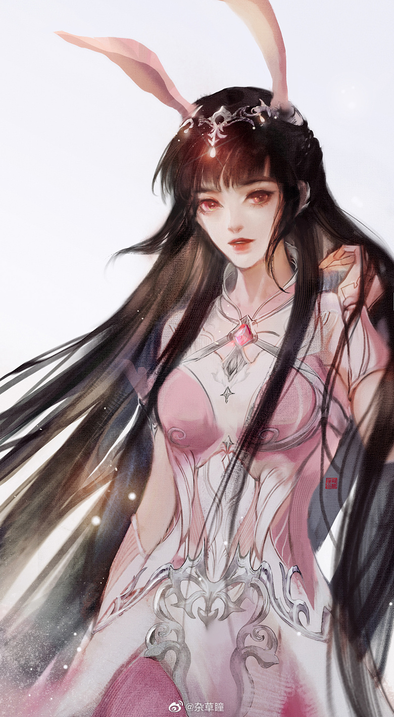 1girl, animal_ears, collar, douluo_dalu, glowing_jewelry, grey_background, hair_ornament, hand_in_own_hair