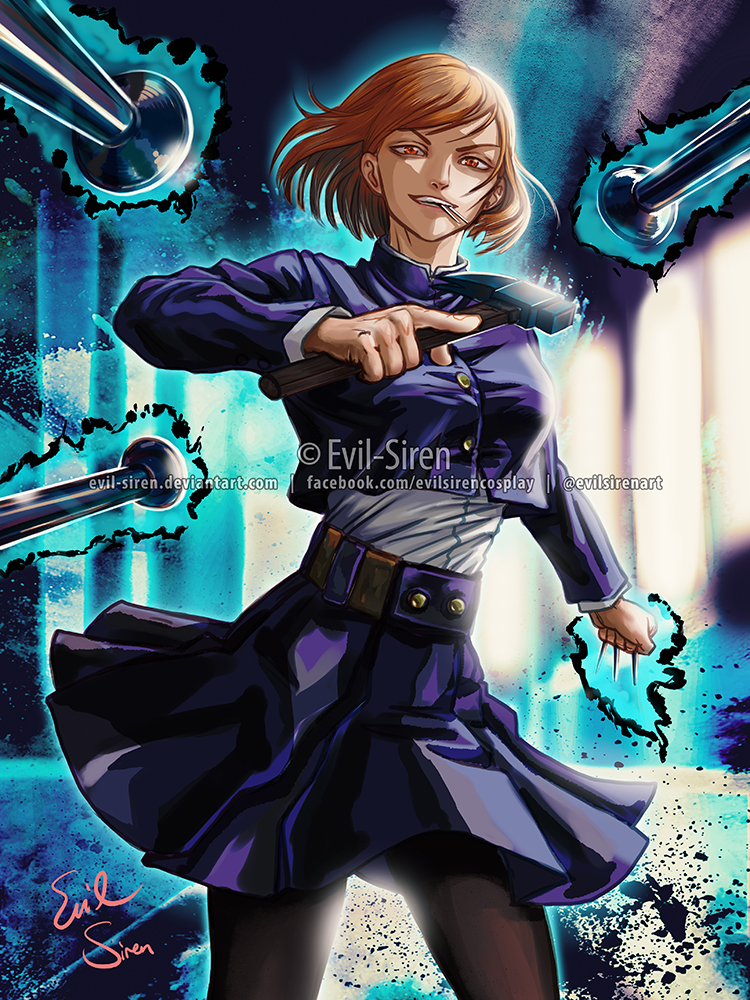 1girl, arm_up, artist_name, bangs, baseball_bat, belt, between_fingers, black_legwear, blue_jacket, blue_outline, blue_skirt, blurry, blurry_background, breasts, brown_hair, buttons, clenched_hand, commentary_request, cowboy_shot, cropped_jacket, deviantart_username, english_commentary, evil-siren, facebook_username, hammer, happy, holding, holding_hammer, indoors, jacket, jujutsu_kaisen, kugisaki_nobara, long_sleeves, looking_at_viewer, medium_breasts, miniskirt, mixed-language_commentary, mouth_hold, nail, open_mouth, outline, pantyhose, partial_commentary, pleated_skirt, red_eyes, school_uniform, shirt, shirt_tucked_in, short_hair, sidelocks, signature, skirt, smile, solo, standing, swept_bangs, teeth, telekinesis, twitter_username, watermark, web_address, white_shirt, window