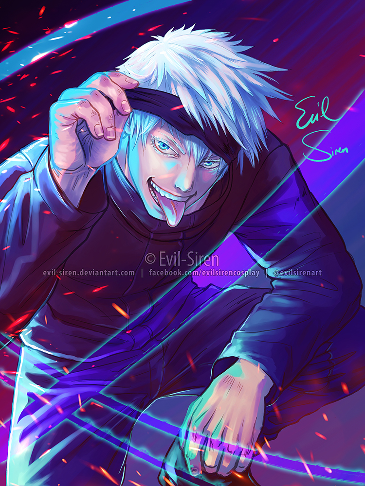 1boy, artist_name, bangs, black_footwear, black_jacket, black_pants, blindfold, blindfold_lift, blue_eyes, colored_eyelashes, commentary_request, deviantart_username, english_commentary, evil-siren, facebook_username, gojou_satoru, hand_up, happy, jacket, jujutsu_kaisen, light_trail, long_sleeves, looking_at_viewer, male_focus, mixed-language_commentary, open_mouth, pants, partial_commentary, shoes, short_hair, sidelocks, signature, smile, solo, sparks, spiky_hair, squatting, teeth, tongue, tongue_out, twitter_username, watermark, web_address, white_hair