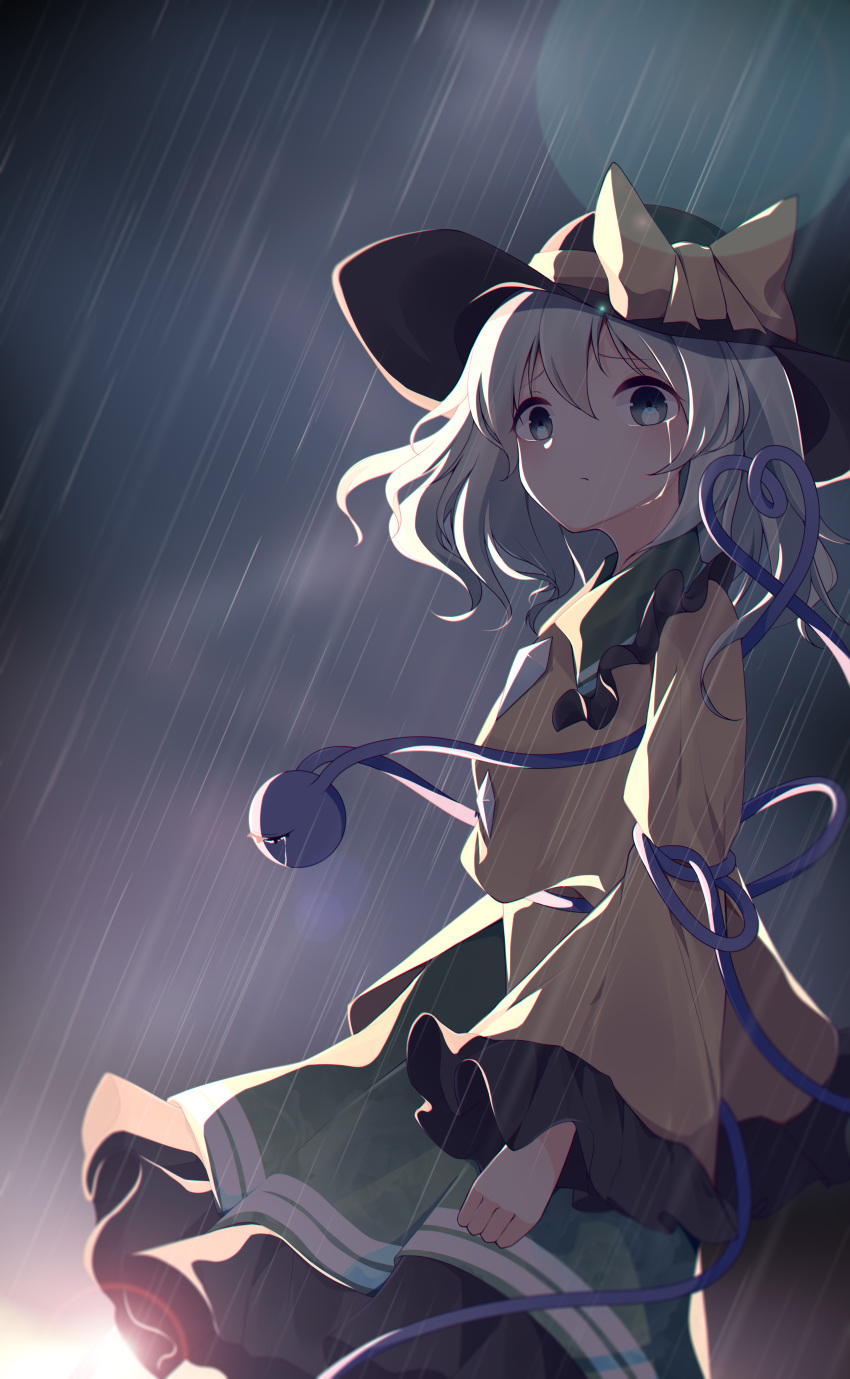 1girl, absurdres, bangs, black_headwear, blouse, bow, buttons, closed_mouth, cowboy_shot, crying, crying_with_eyes_open, diamond_button, eyeball, frilled_shirt_collar, frilled_skirt, frilled_sleeves, frills, frown, furrowed_brow, green_skirt, grey_eyes, grey_hair, hat, hat_bow, hat_ribbon, heart, heart_of_string, highres, komeiji_koishi, lian_mang, long_sleeves, looking_at_viewer, medium_hair, rain, ribbon, shirt, skirt, solo, tears, third_eye, touhou, wide_sleeves, yellow_bow, yellow_ribbon, yellow_shirt