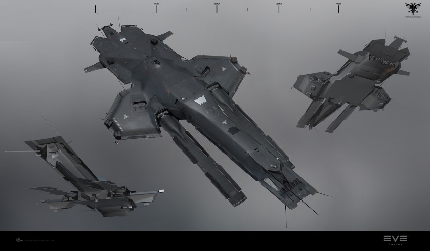 3d, caldari_state_(eve_online), commentary, concept_art, cruiser, english_commentary, eve_online, gradient, gradient_background, grey_theme, highres, logo, machinery, military, military_vehicle, multiple_views, no_humans, photorealistic, realistic, science_fiction, ship, sobaku-chiuchiu, spacecraft, thrusters, warship, watercraft
