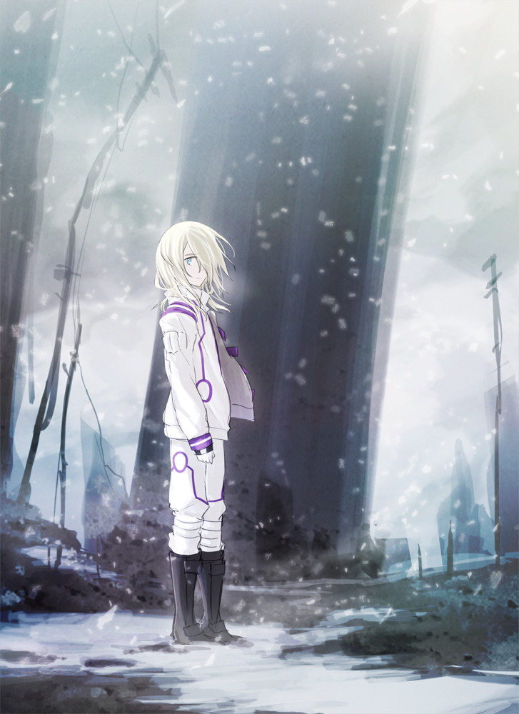 1boy, amemiya_reiji, blonde_hair, blue_eyes, boots, cota, hair_over_one_eye, jacket