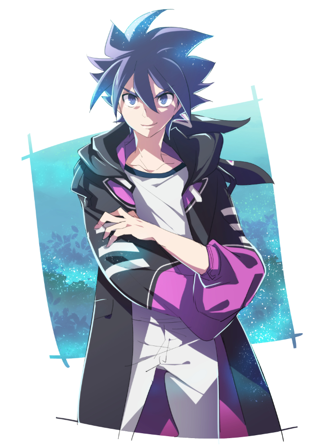 1boy, black_hair, blue_eyes, cota, hair_between_eyes, hood, hood_down, ichidaji_yamato