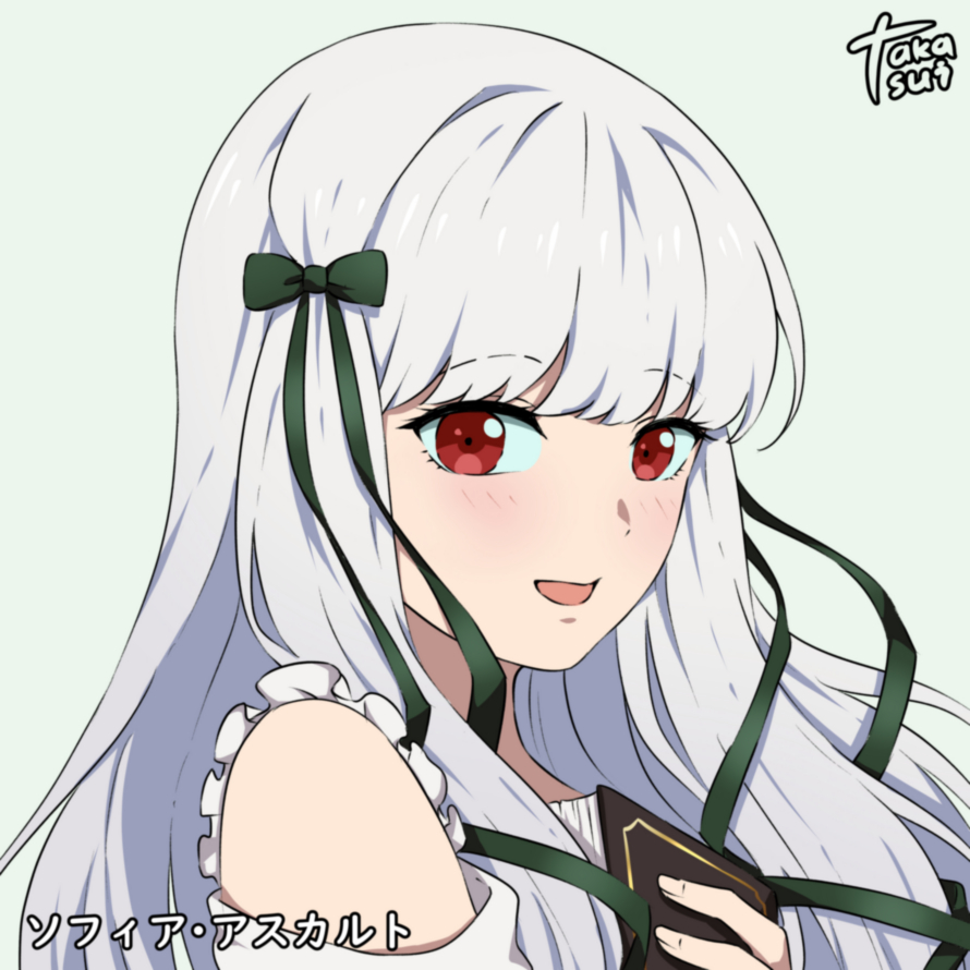 1girl, :d, artist_name, bangs, book, character_name, green_ribbon, hair_ribbon