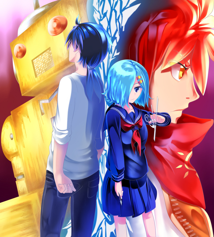 1girl, 2boys, aino_itsuki, arm_at_side, black_hair, blue_eyes, blue_serafuku, blue_skirt