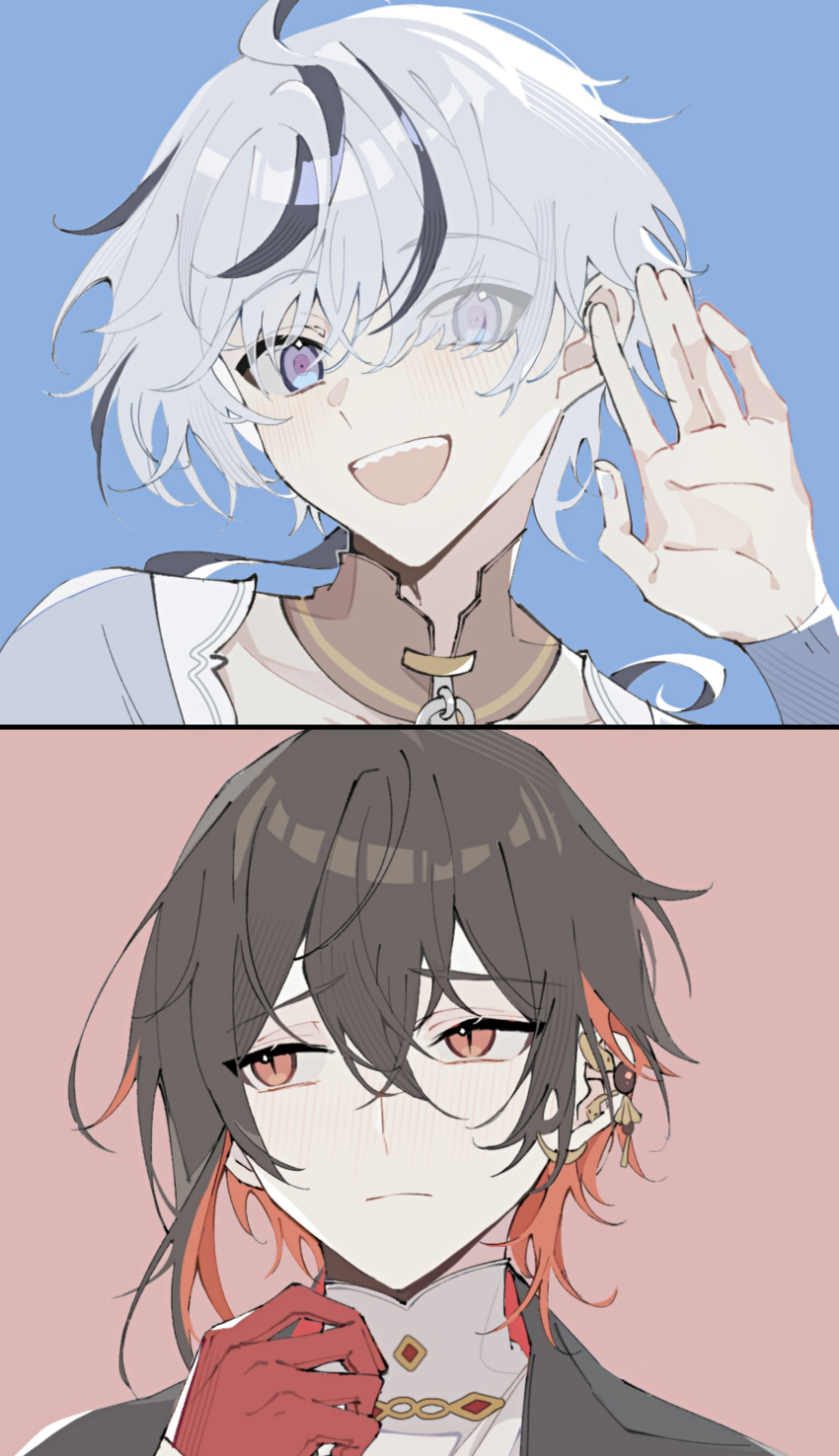 2boys, absurdres, bangs, black_hair, blade_(nu_carnival), blue_eyes, blush, gloves, grey_hair, hair_between_eyes, highres, jewelry, long_sleeves, looking_at_viewer, male_focus, multicolored_hair, multiple_boys, nu_carnival, open_mouth, red_eyes, red_gloves, redhead, sharp_teeth, simple_background, streaked_hair, teeth, upper_body, yakumo_(nu_carnival), yue_(shemika98425261)