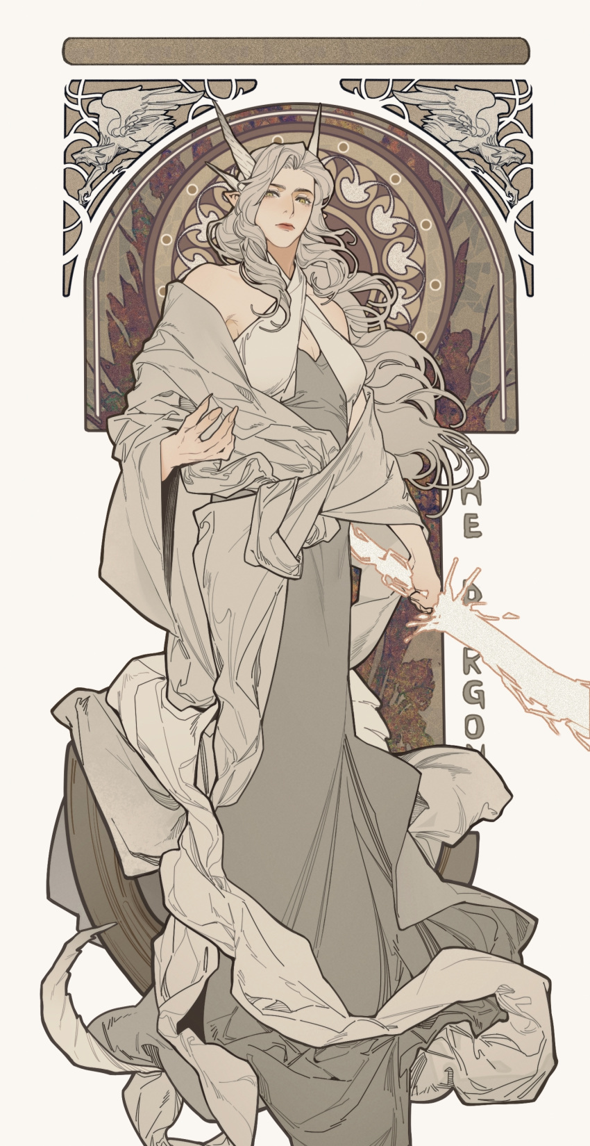 1girl, absurdres, ancient_dragon_lansseax, bare_shoulders, blonde_hair, commentary, criss-cross_halter, curly_hair