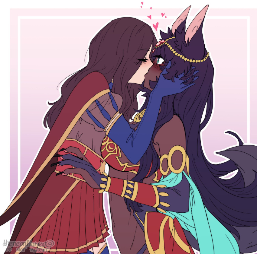 2girls, animal_ears, aqua_eyes, bangs, blue_gloves, blue_legwear, blush, breasts, bridal_gauntlets, chaldea_uniform, circlet, closed_eyes, dark-skinned_female, dark_skin, ears_through_headwear, egyptian_clothes, fate/grand_order, fate_(series), forehead, forehead_jewel, gauntlets, gem, gloves, gold, hands_on_another's_head, head_chain, heart, highres, jackal_ears, kiss, large_breasts, leonardo_da_vinci, leonardo_da_vinci_(fate), looking_at_another, money, multiple_girls, oil_lamp, parted_bangs, puff_and_slash_sleeves, puffy_sleeves, purple_hair, queen_of_sheba_(fate), single_gauntlet, the_neon_flower, yuri